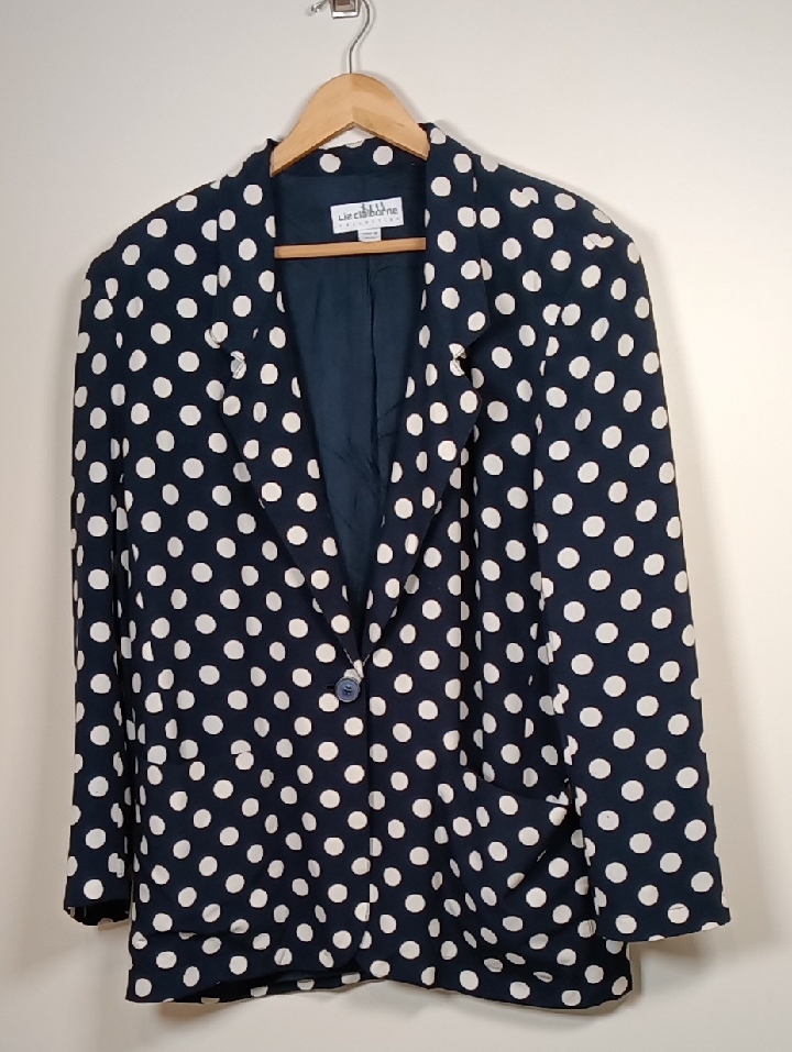 Vintage 80s Liz Claiborne Navy/White Rayon Polka Dot Flowy Blazer Jacket